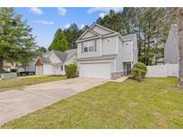 Charming two-story home featuring gray siding, attached garage and a well-maintained lawn at 3425 Sable Chase Ln, South Fulton, GA 30349