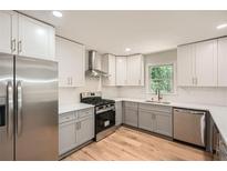 Modern kitchen featuring stainless steel appliances, gray lower cabinets, and white upper cabinets at 290 Bromack Se Dr, Atlanta, GA 30315