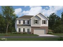 Charming two-story home features a modern facade with a two car garage and manicured lawn at 213 Sunshine St, Acworth, GA 30102