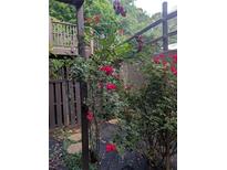 Beautiful red rose bushes climbing up the deck in this exterior yard view at 206 River Run Dr, Atlanta, GA 30350