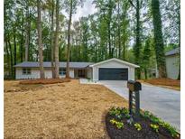 Charming one-story home with modern garage door and beautifully landscaped front yard at 1329 Hidden Hills Pkwy, Stone Mountain, GA 30088