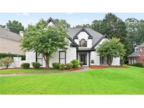 Charming home with well-manicured lawn, mature trees, and contrasting black and white trim details at 2714 Twin Leaf Trl, Marietta, GA 30062