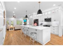 Bright kitchen with white cabinetry, stainless steel appliances, and hardwood floors open to a living room at 208 Wade Creek Rd, Alpharetta, GA 30009