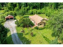 Aerial view of a single-story home, carport, and a long driveway surrounded by lush greenery at 3956 Tell Sw Rd, Atlanta, GA 30331