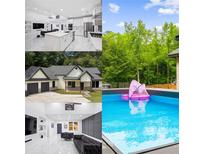 Collage featuring a modern kitchen, the house's front exterior, a finished basement, and a refreshing swimming pool at 5264 Prestley Crossing Ln, Douglasville, GA 30135
