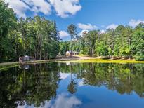 Scenic view of a lush, tree-lined pond with reflections, near a charming lakeside home at 1382 Varner Rd, Marietta, GA 30062