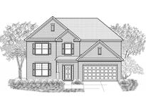 Illustration of a two-story brick home with an attached two-car garage and symmetrically placed windows at 7160 Linden Dr, South Fulton, GA 30349