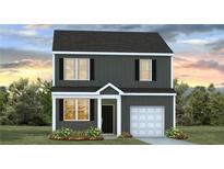 Charming two-story home featuring dark siding, white trim and a one car garage at 5449 Baybrook Cir, South Fulton, GA 30349