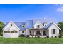 Charming two-story modern farmhouse featuring white siding, a metal roof, and a welcoming front porch with seating at 4557 Gresham Road, Douglasville, GA 30134