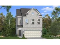 New two-story home design featuring light brick, attached garage, and manicured landscaping at 267 Abbotts Crossing Cir, Conyers, GA 30094