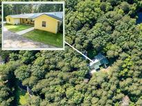Aerial view of wooded lot featuring yellow home with metal roof at 5357 Highway 81, Loganville, GA 30052