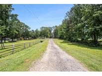 View of a gravel driveway leading up to a home surrounded by lush trees and green grass at 677 Panola Rd, Ellenwood, GA 30294