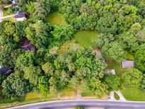 An aerial view shows the expansive lot surrounded by mature trees and greenery at 4459 Flat Shoals Pkwy, Decatur, GA 30034