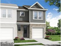 New two-story townhome features a stone and gray facade, a single-car garage, and lush landscaping at 514 Crown Dr, Emerson, GA 30137