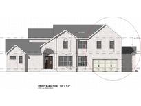 Architectural drawing featuring the front elevation of a brick two-story home with attached two-car garage at 4647 Lantern Ct, Stonecrest, GA 30038