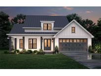 Charming two-story home featuring white siding, a gray roof, a gray garage door, and a well-manicured lawn at 6134 Linwood Dr, Covington, GA 30014