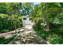 Charming home featuring a two-car garage and a well-manicured lawn, surrounded by lush trees and greenery at 86 Kelly Ct, Dallas, GA 30157
