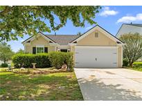 Charming single-story home with a well-maintained lawn, mature trees, and a two-car garage at 110 Holly Mill Village Dr, Canton, GA 30114