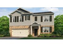 Charming two-story home featuring stone accents, gray siding, black shutters, and an attached two-car garage at 104 Crooked Lake Park, Villa Rica, GA 30180