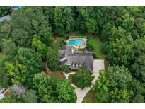 Overhead view of a beautiful house featuring a swimming pool nestled among lush greenery and mature trees at 140 Silvermere, Fayetteville, GA 30215