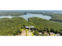 Beautiful aerial view showcasing the lush landscaping and lake views surrounding the community at 619 Lovinggood Trl, Woodstock, GA 30189