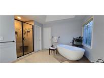 Bright bathroom features a glass shower, a stand-alone tub, and a decorative window at 409 Misty Ridge Way, Woodstock, GA 30189