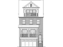 Detailed architectural drawing of a three-story townhome with balconies, garage, and classic design elements at 3450 Commander Cv, Suwanee, GA 30024