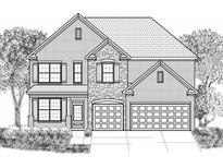 Rendering of a new two-story home showcasing a brick and stone facade and a two-car garage at 3828 Kastler Dr, South Fulton, GA 30349