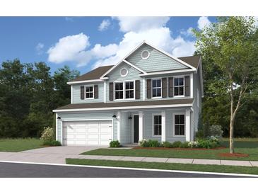 Two-story light blue house with dark gray shutters and a white garage door at 776 Opal Wing St, Moncks Corner, SC 29461