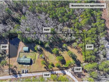Aerial view of property showing home, detached garage, and pond at 151 Powerhouse Rd, Ridgeville, SC 29472