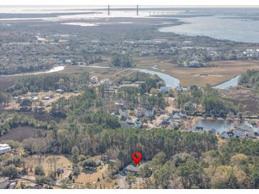 Aerial view of home nestled in a quiet neighborhood near water at 1081 Saint Thomas Island Dr, Charleston, SC 29492