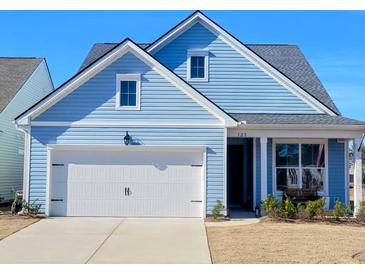 Charming light blue house with white garage door and landscaping at 123 Leeward Lndg, Summerville, SC 29486