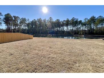 Sunny backyard with pond view, wooden fence, and expansive lawn at 343 Lake Ridge Blvd, Summerville, SC 29483