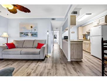 Bright living room with grey sofa and hardwood floors at 219 Sea Cloud Cir, Edisto Island, SC 29438