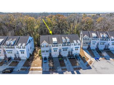 Aerial view of townhome community showcasing a three-story townhome with gray siding at 113 Claret Cup Way, Charleston, SC 29414