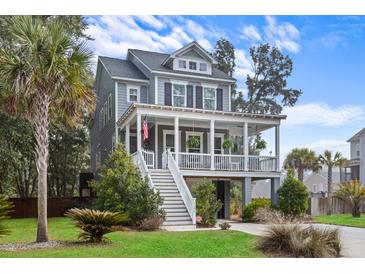 Two-story house with gray siding, white porch, and a landscaped lawn at 2166 Brown Pelican Ln, Charleston, SC 29412