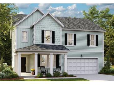 Two-story house with light teal siding, black shutters, and a covered porch at 185 Belfort Pl, Summerville, SC 29486