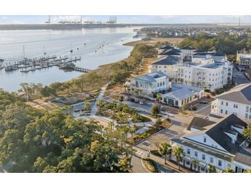 Aerial view of waterfront community with marina, park, and charming homes at 310 Longshore St # 645, Daniel Island, SC 29492