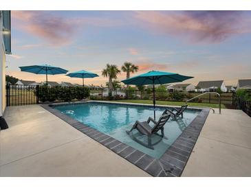 Inviting backyard pool with multiple umbrellas and chairs at sunset at 531 Switchgrass Dr, Summerville, SC 29486