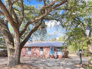 Charming brick home featuring a metal roof and a welcoming blue front door surrounded by mature trees at 227 Bailey St, Walterboro, SC 29488