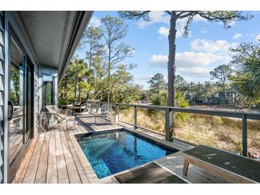 Inviting backyard deck with lounge chairs, built-in plunge pool, and tranquil waterfront views at 2947 Deer Point Dr, Seabrook Island, SC 29455