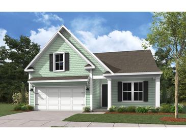 Charming single-story home featuring light green siding, a gabled roof, and an attached one-car garage at 513 Eagleview Dr, Moncks Corner, SC 29461