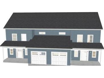 New construction duplex with light-blue siding, black roof, and attached two-car garages at 9 Wilderness Trl # B, North Charleston, SC 29418