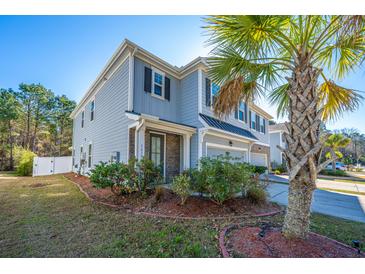 Charming two-story home features a manicured lawn and a swaying palm tree at 1610 Mermentau St, Mount Pleasant, SC 29466