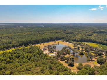 Stunning aerial view of a property with a private lake surrounded by lush green trees and two houses under construction at 2988 Lodge Berry Ln, Johns Island, SC 29455