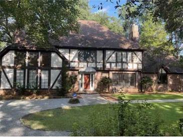Charming Tudor-style home with a well-manicured front yard and mature trees at 104 Legend Oaks Way, Summerville, SC 29485