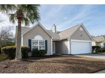 Charming single-story home featuring a well-manicured lawn, palm tree, and an attached two-car garage at 1529 Wellesley Cir, Mount Pleasant, SC 29466