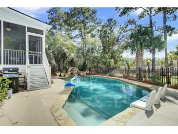 Inviting backyard pool features a waterfall, basketball hoop, and plenty of lounge space for relaxation and entertainment at 2745 Oak Manor Dr, Mount Pleasant, SC 29466