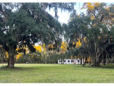 Charming single-story home with a spacious front yard and mature trees draped in Spanish moss at 5355 Old Military Rd, Adams Run, SC 29426