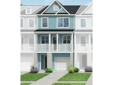 Charming three-story townhome with a two-story porch, blue siding, white trim, and well-manicured landscaping at 410 Katies Scenic Ct, Charleston, SC 29492
